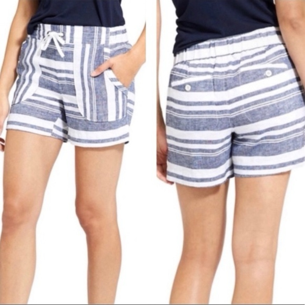 Athleta Size 4 Striped 100% Linen Short Summer Beach Pockets  White Navy